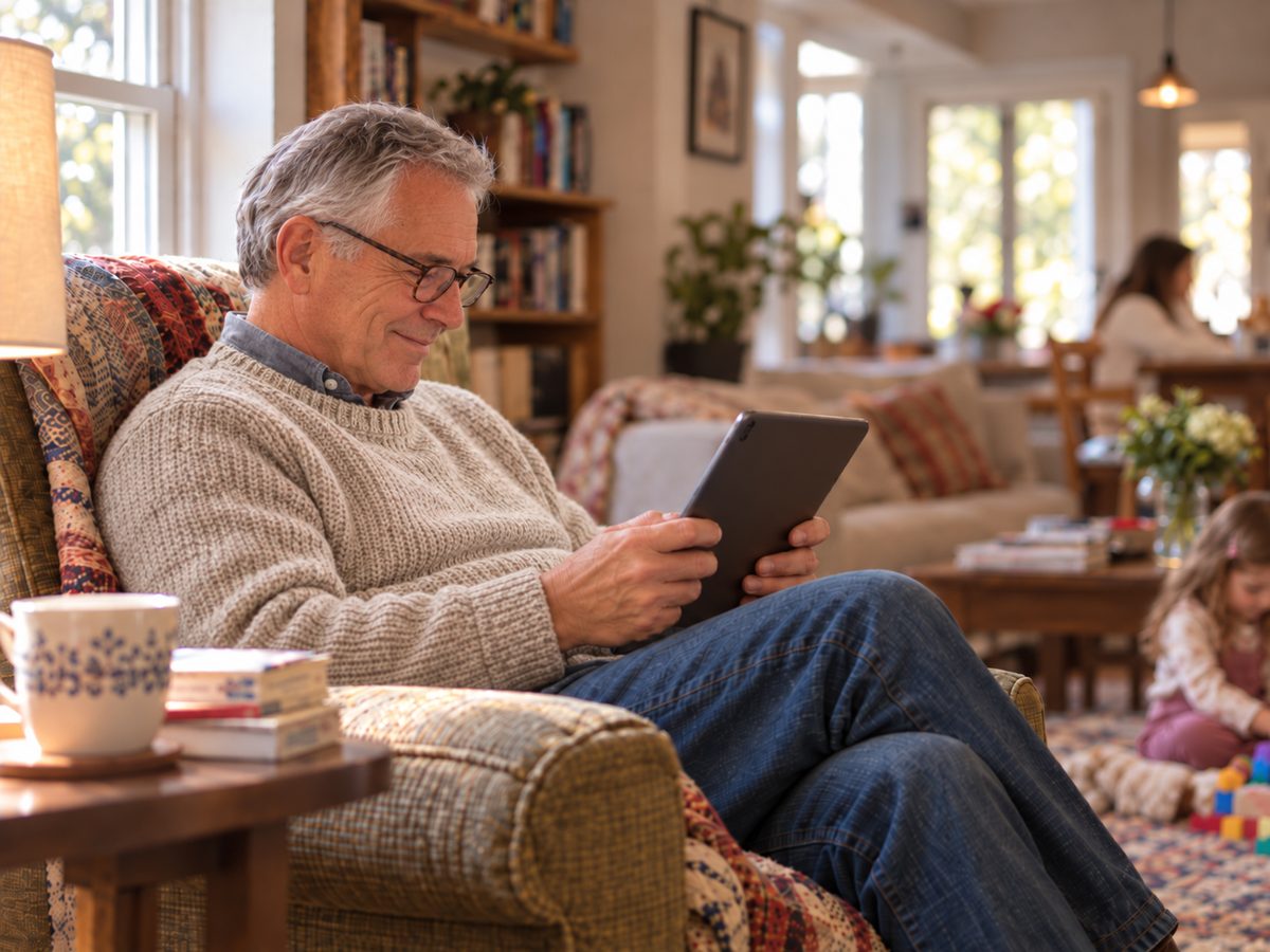 An older man smiling as he reads on a tablet in his living room