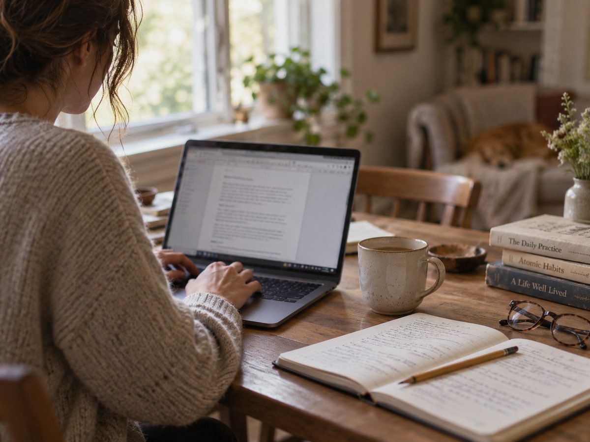 Someone writing at a wooden table by a window, notebook and books beside the laptop